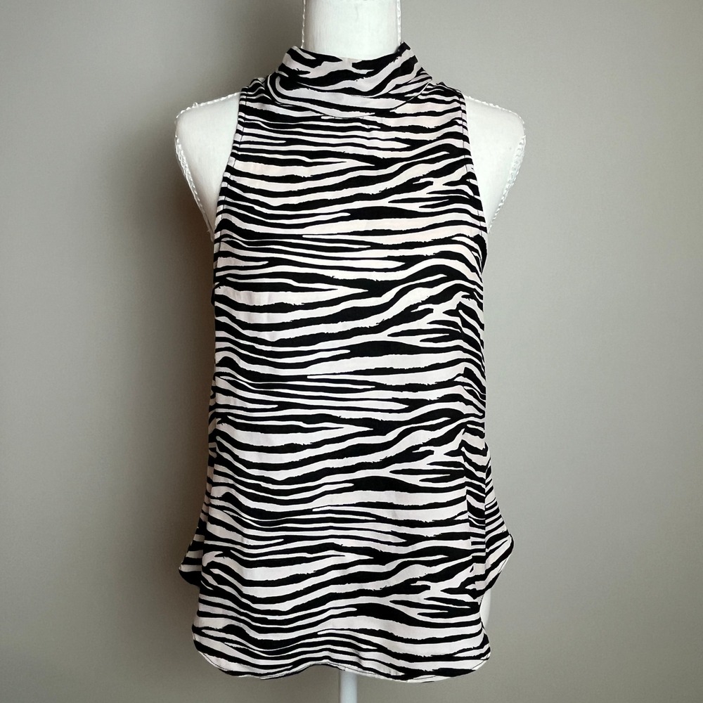 WAYF Womens Zebra Print Mock Neck Sleeveless Blouse Black White XS